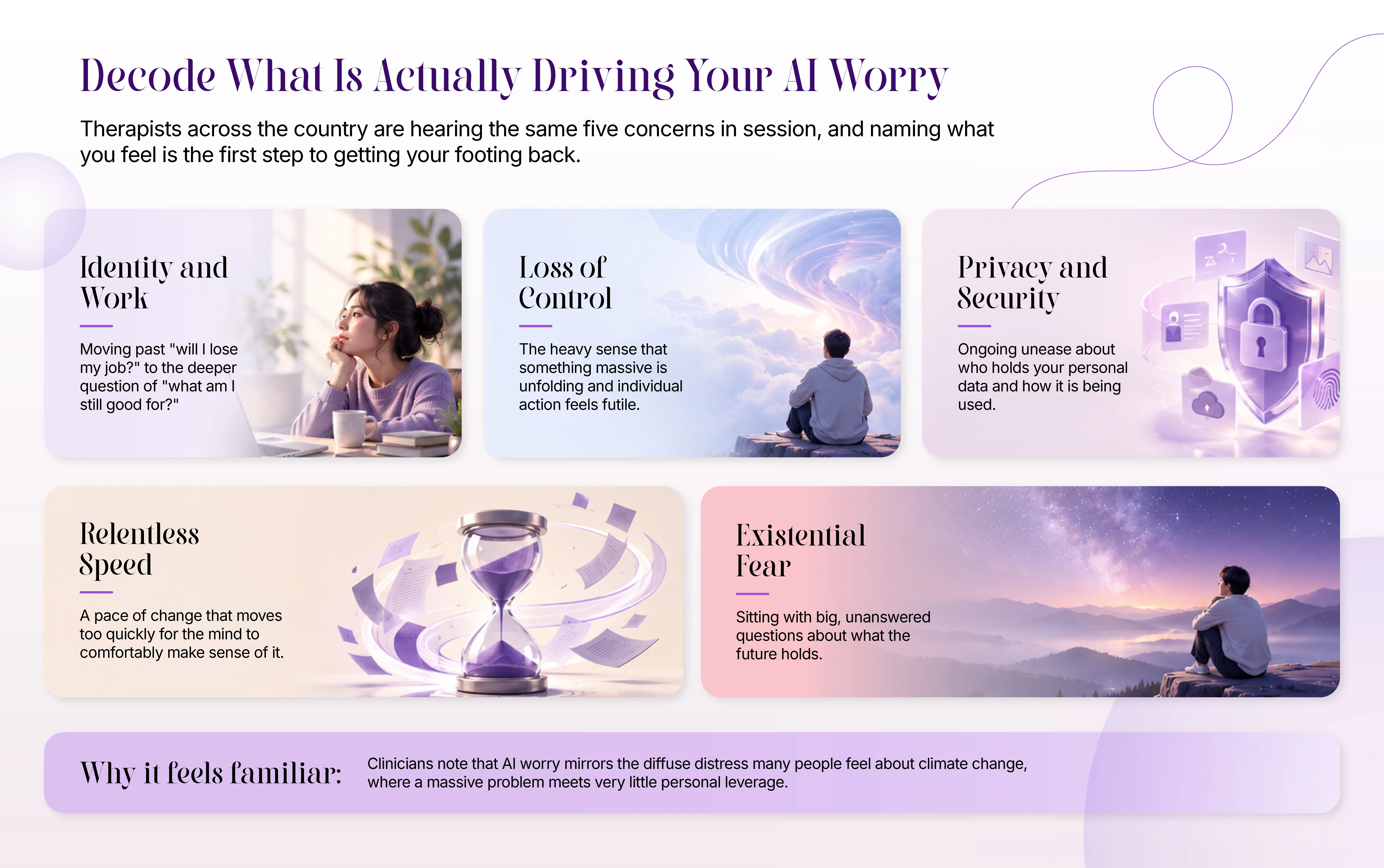 Decode what is actually driving your AI worry: identity and work, loss of control, privacy and security, relentless speed, and existential fear
